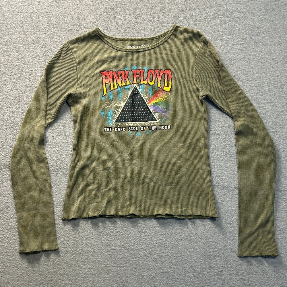 Pink Floyd Graphic Top Womens Small‎ Olive Thermal Waffle Knit Dark Side Moon